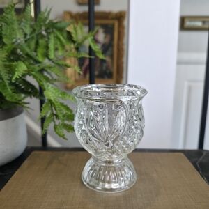 Vintage Pressed Glass Votive Taper Candle Holder Diamond Leaf Pedestal Base 4"